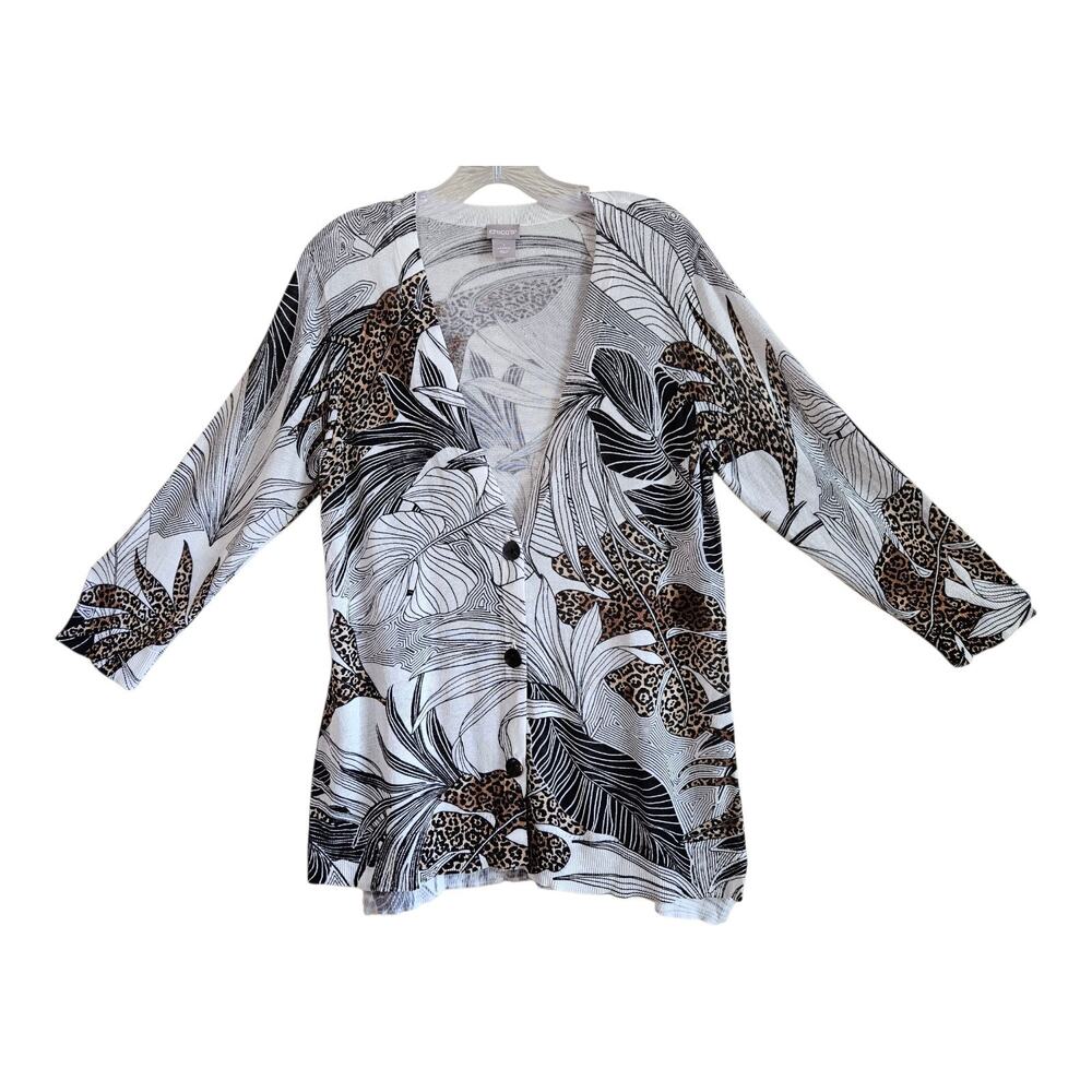 CHICO'S 1 Women M Cardigan Sweater Button Up Leaves Leopard Art to Wear Bust 38"